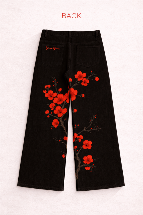 red cherry blossom jeans
